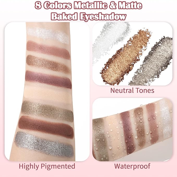 UCANBE 8 Color Matte Sparkling Shimmer Baked Eyeshadow Palette – Highly Pigmented, Smooth & Blendable Formula with Neutral & Earthy Tones for Everyday & Dramatic Eye Makeup Pallet