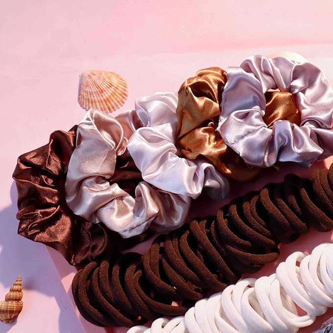 YANRONG Hair Accessories Set - 755 Seamless Ponytail Holders, Variety of Scrunchies, Bands, and Hair Ties for Thick and Curly Hair (light brown)