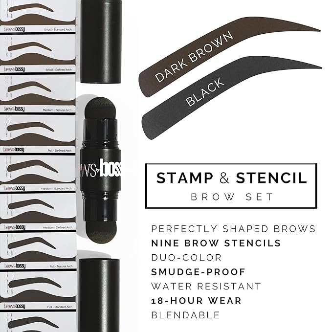 Brows by Bossy Dual-Color Eyebrow Stamp Stencil Kit with 9 Reusable Eyebrow Stencils for Professional Brow Stamping Shaping Kit and Instant Long Lasting Filling and Waterproof Tinting Definer
