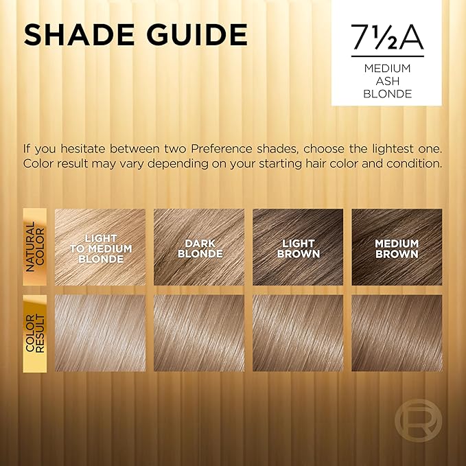 L'Oreal Paris Superior Preference Luminous Fade-Defying Permanent Hair Color, Hair Dye For Up to 9 Weeks of Radiance, Medium Ash Blonde 7.5A, 1 Hair Dye Kit