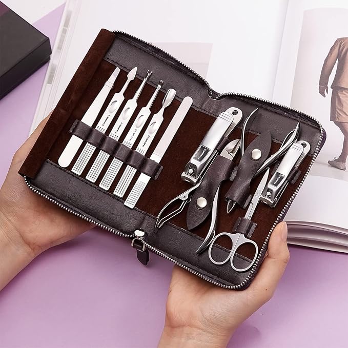 FAMILIFE Manicure Set, Nail Clippers Set Professional Manicure Kit 11 in 1 Stainless Steel Pedicure Tools Nail Kit Mens Grooming Tool with Portable Leather Travel Case Dark Violet Birthday Gifts