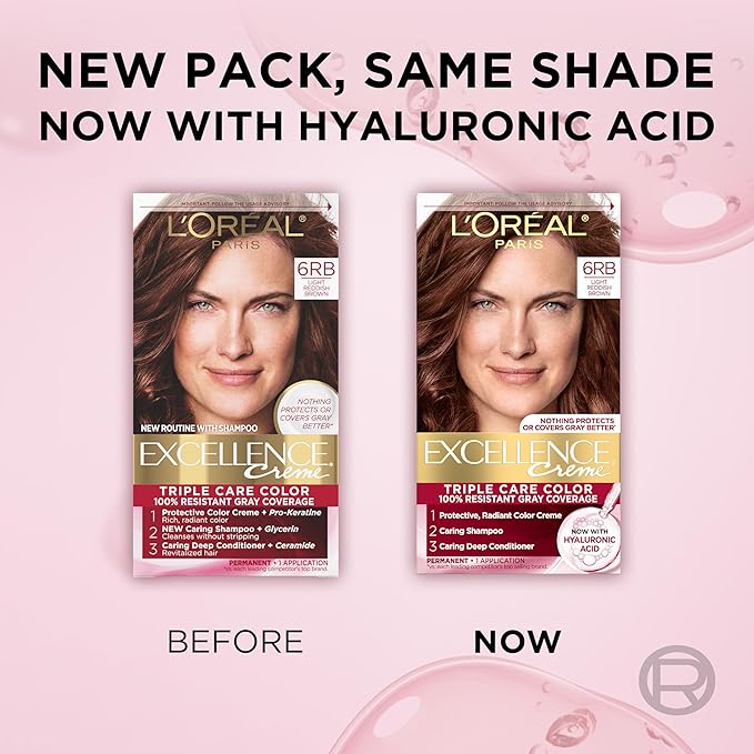 L'Oreal Paris Excellence Crème Permanent Hair Dye, Triple Care Hair Color with Pro-Keratine Complex for 100% Gray Hair Coverage, 6RB Light Reddish Brown, 1 Kit