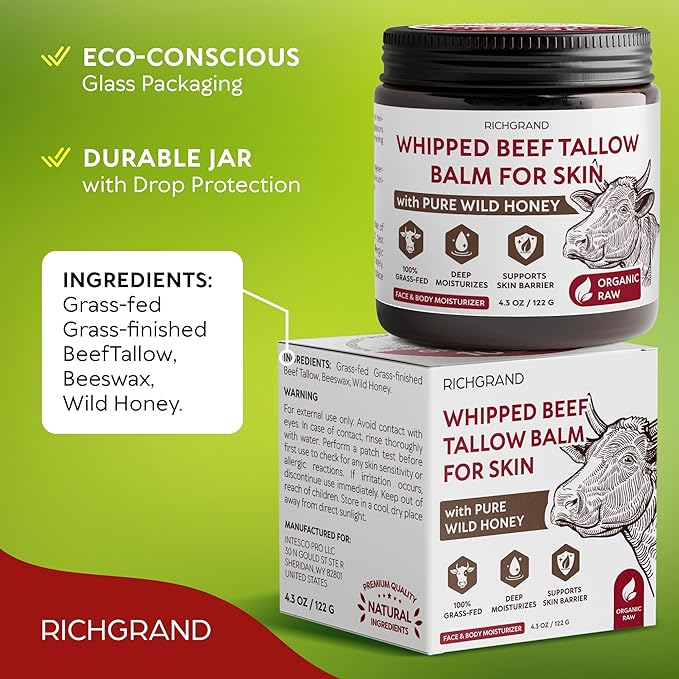 Beef Tallow for Skin - Whipped Tallow and Honey Balm - Grass Fed Beef Tallow for Face, Daily Moisturizer & Body Butter - Natural Non Comedogenic Skincare (4.3 oz)