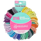 216-Piece Hair Ties, 4mm Hair Elastics, No Metal Ponytail Holders for Women, Durable for Thick, Curly and All Hair Types-Bright Solids & Stripes