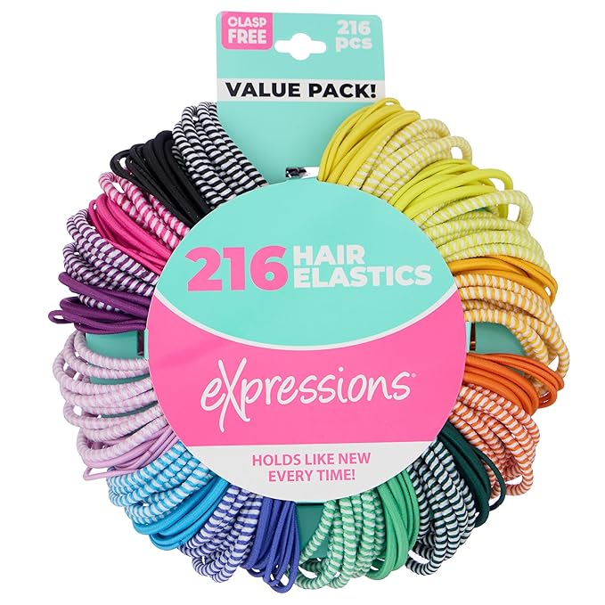 216-Piece Hair Ties, 4mm Hair Elastics, No Metal Ponytail Holders for Women, Durable for Thick, Curly and All Hair Types-Bright Solids & Stripes
