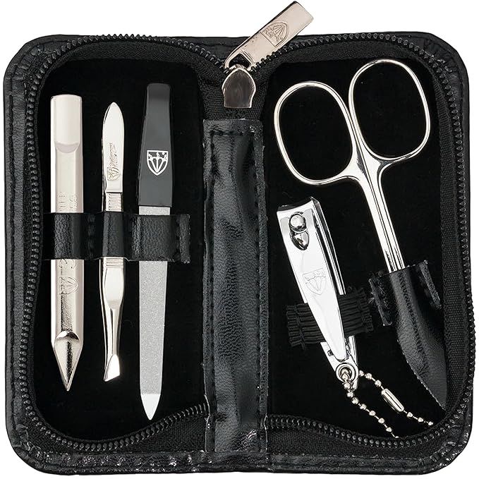 3 Swords Germany - brand quality 5 piece manicure pedicure grooming kit set for professional finger & toe nail care with synthetic leather case black - Made in Germany