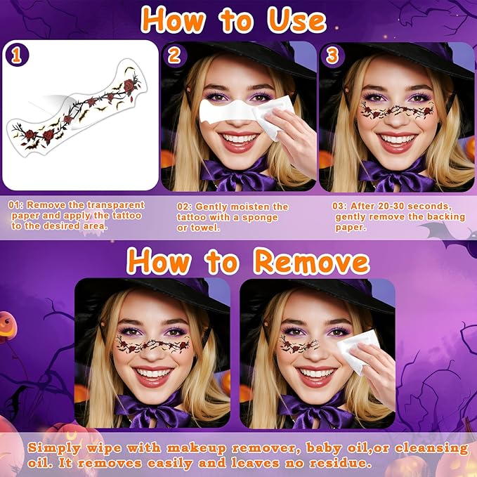 12pcs Halloween Glitter Freckles Face Tattoos Makeup Patches with Pumpkin, Bat, Spider, Witch, Skull, Love Heart, Flowers Design, Face Temporary Tattoos for Adults Kids Rave Accessories