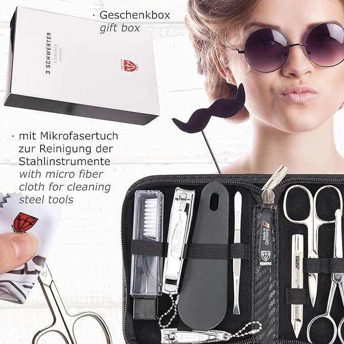 3 Swords Germany - brand quality 10 piece manicure pedicure grooming kit set fashion leather case in gift box, travel setMade by 3 Swords