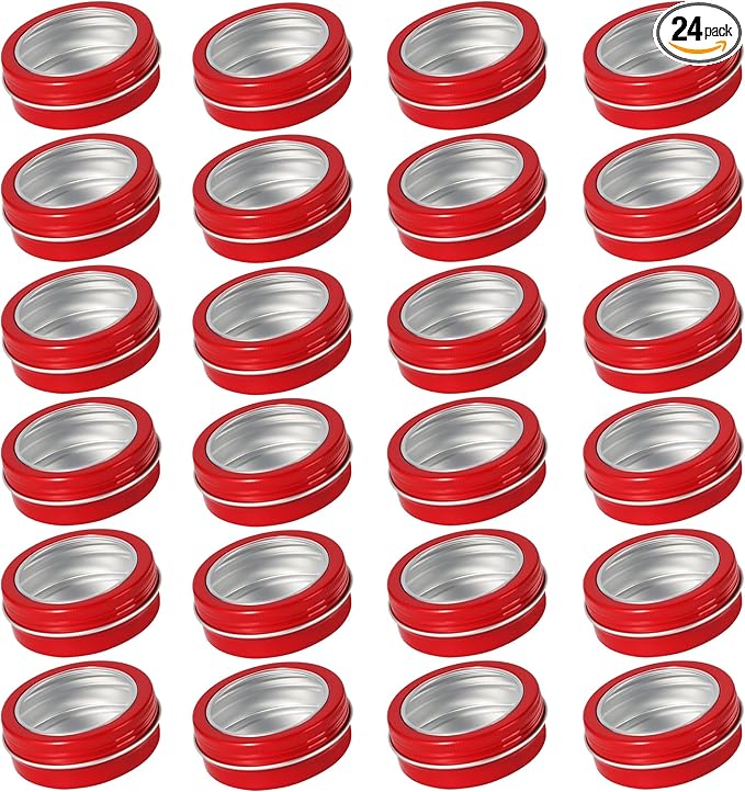24 Pack 2 Ounce Screw Top Aluminum Tin Jar with Screw Clear Lid and Blank Labels, Refillable 60ml Metal Containers for Lip Balms, Candles, Salves, Spices, Crafts (Red)