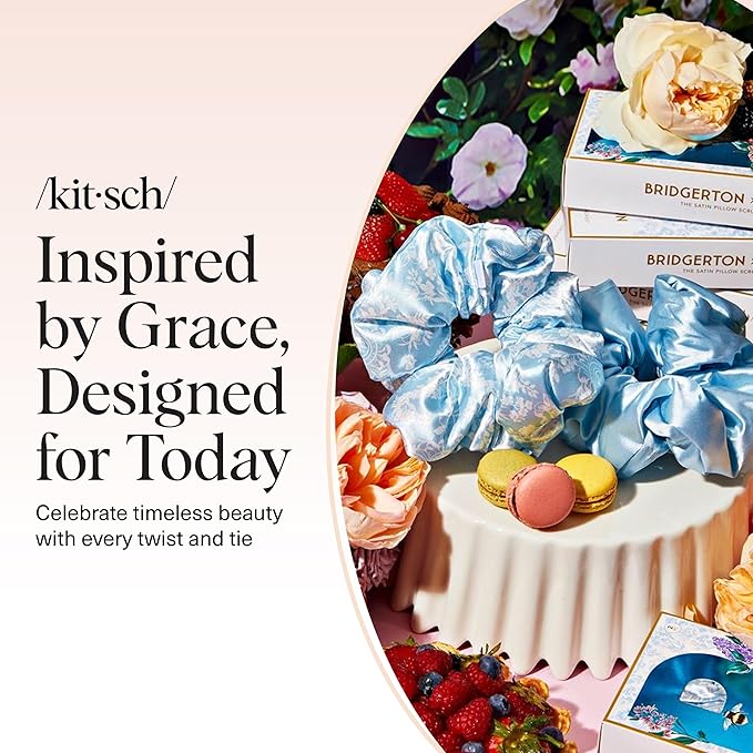 Bridgerton x Kitsch Satin Scrunchies for Women, No Snag, No Tugging, Soft & Comfortable Scrunchies for Girls, Perfect for Day or Night | Ideal Gifts for Women - Toile De Blue