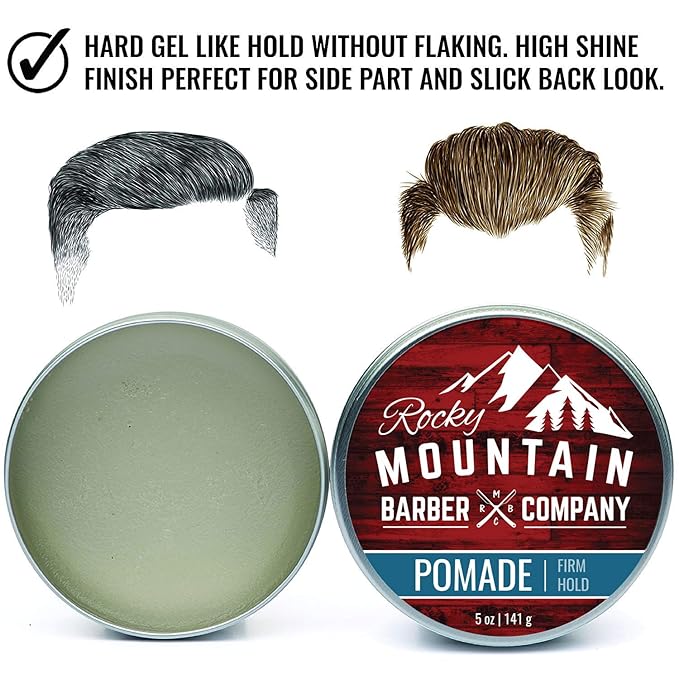 Rocky Mountain Barber Company Pomade for Men - 5 oz Tub Classic Styling Product with Strong Firm Hold for Side Part, Pompadour & Slick Back Looks – High Shine & Easy to Wash Out – Water Based
