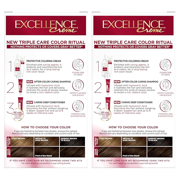L'Oreal Paris Excellence Crème Permanent Hair Dye, Triple Care Hair Color with Pro-Keratine Complex for 100% Gray Hair Coverage, 4 Dark Brown, 1 Kit (Pack of 2)