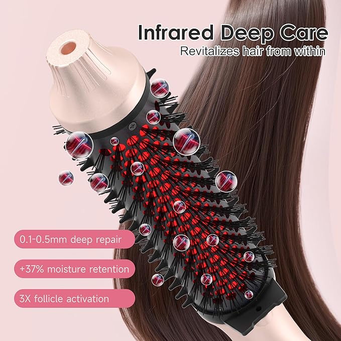 Infrared Thermal Brush, 1.65 inch Heated Round Brush for Blowout Look, Dual Voltage, Negative Ion Thermal Hair Tools, 6 Temperature, No Damage, Pink Gifts for Women