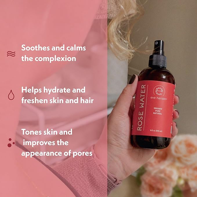 Eve Hansen Organic Rose Water Spray for Face | Huge 8 oz Moroccan Rosewater Face Toner and Makeup Setting Spray | Soothing Neck and Face Mist to Reduce Eye Puffiness, Dark Circles and Redness