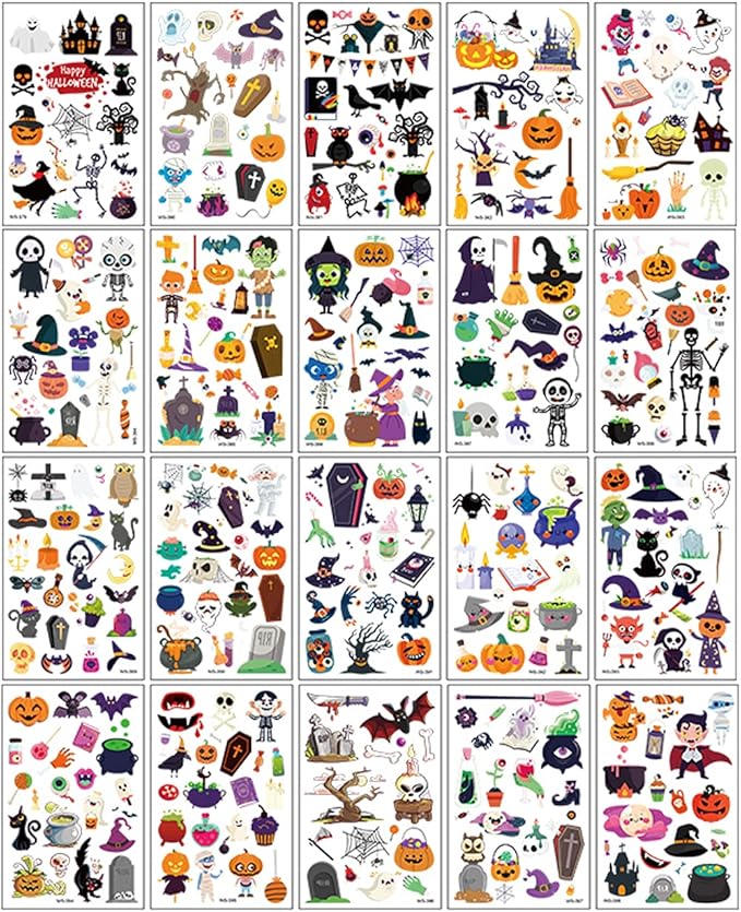 360PCS Halloween Temporary Tattoos for Kids, Halloween Face Fake Tattoo Body Stickers Decorations, Face Makeup Assorted Prizes Goody Bag Stuffers Party Favors Supplies Decor Pumpkin Witch Skull Adult