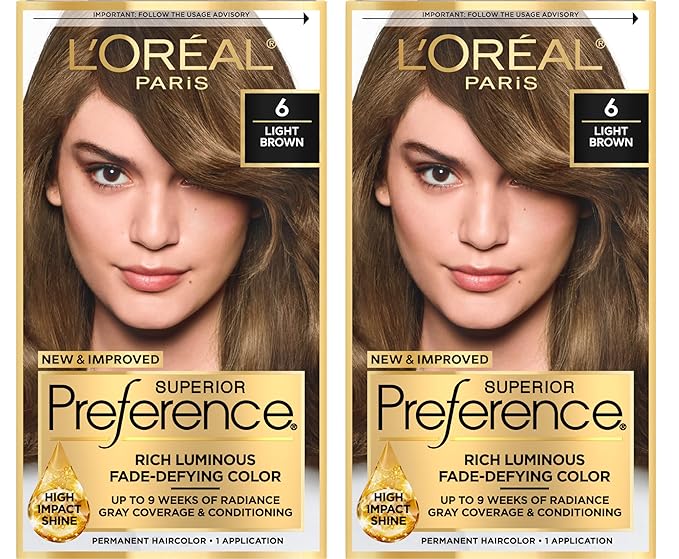 L'Oreal Paris Superior Preference Luminous Fade-Defying Permanent Hair Color, Hair Dye For Up to 9 Weeks of Radiance, Light Brown 6, 1 Hair Dye Kit (Pack of 2)