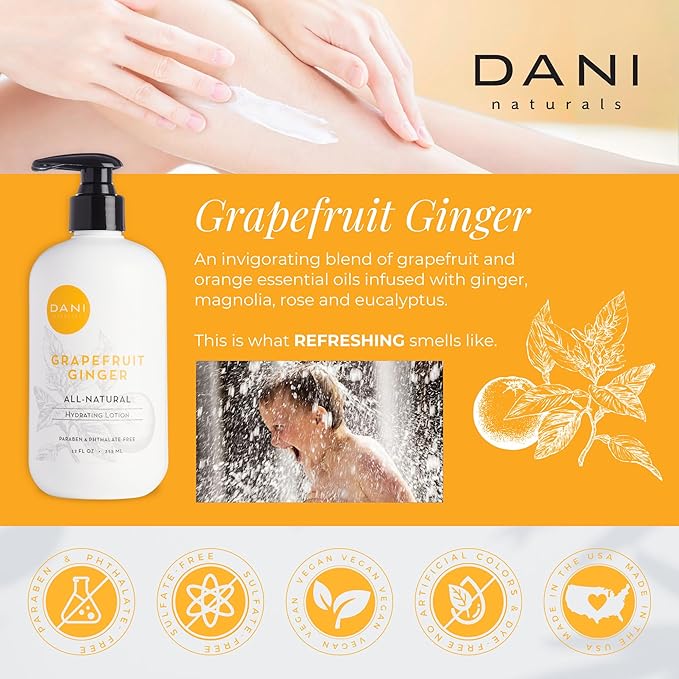 DANI Naturals Hand & Body Lotion - Grapefruit Ginger, Hydrating Lotion with Aloe Vera, Vitamin E & Shea Butter, Moisturizing for All Skin Types, Paraben-Free, 12 Oz