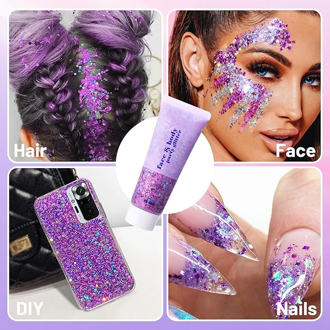DAGEDA Purple Body Glitter Gel, Holographic Face Glitter Body Gel Rave Party Accessories, Chunky Glitters for Face Hair Nails, Cosmetic Laser Powder Festival Sequins Paint Makeup