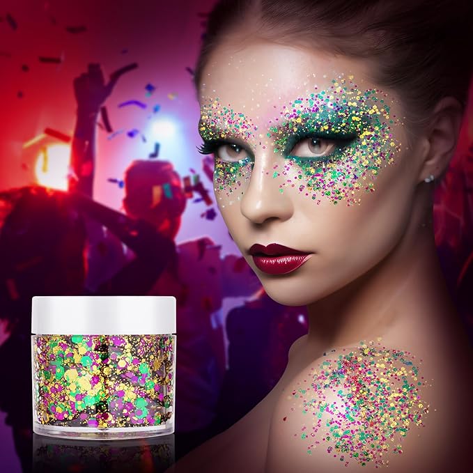 Mardi Gras Gold Hair Face Glitter,Mardi Gras Outfit for Women,Green Purple Gold Mixed Holographic Body Glitter,Festival Chunky Sequins Carnival Costume New Orleans Decorations