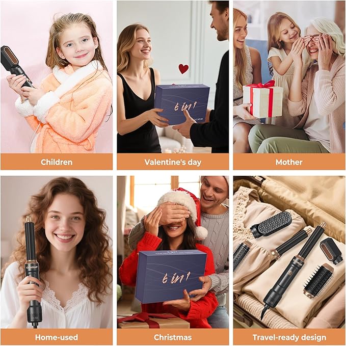 6 in 1 Blow Dryer Brush, Upgrade Hair Dryer Brush Set Negative Ion Air Styler Curling Wrap Air Curler, Hot Air Brush Curling Iron Hair Styling Tools As A Gift for Straight/Curl/Dry/Smooth