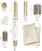 GLAMUP® Dual Voltage 6 in 1 Hot Air Styler, Upgraded Long Barrel, Diffuser, Round Brush, Powerful High Speed Dryer, Tight Grip, Curling Volumizing Gift Set with Bag, Travel Friendly