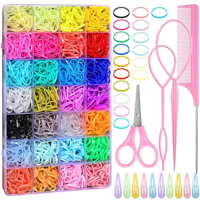 28 Colors Rubber Bands for Hair, 1500 Pcs Elastic Hair Bands Baby Girl Hair Ties Mini Hair Rubber Bands with 4 Hair Styling Tools 10 Hair Clips Hair Accessories for Toddler Baby Girl Kids