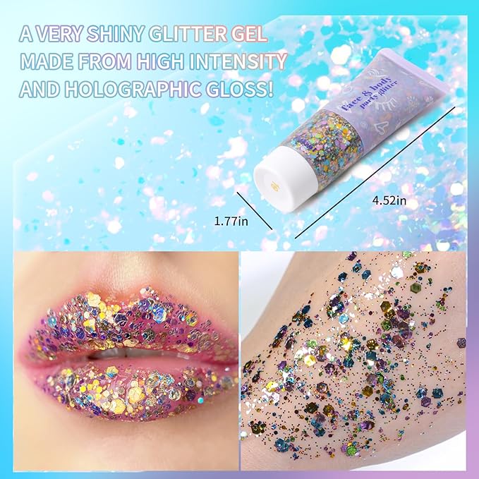 DAGEDA Carnival Body Glitter Gel, Holographic Face Glitter Rave Party Accessories, Chunky Glitters for Hair Eyes Nails, Cosmetic Laser Powder Festival Sequins Paint Makeup
