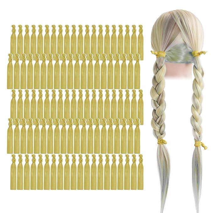 MEEDEE Gold Elastic Hair Ties Pack - 100 No Crease Soft Ribbon Knotted Pony Tails for Women, No Damage, Ouchless for Yoga and Bracelets