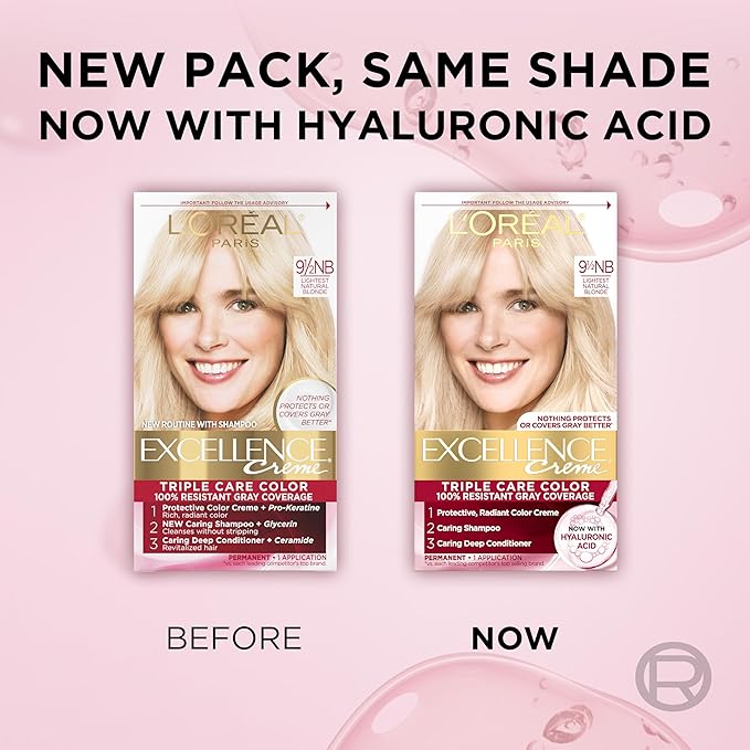 L'Oreal Paris Excellence Crème Permanent Hair Dye, Triple Care Hair Color with Pro-Keratine Complex for 100% Gray Hair Coverage, 9.5NB Lightest Natural Blonde, 1 Kit (Pack of 2)