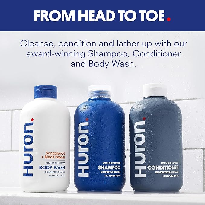 Huron Shower Kit - Shampoo, Conditioner, & Body Wash For Men - Sandalwood + Black Pepper Scent - Hydrating & Nourishing Men's Shampoo & Conditioner