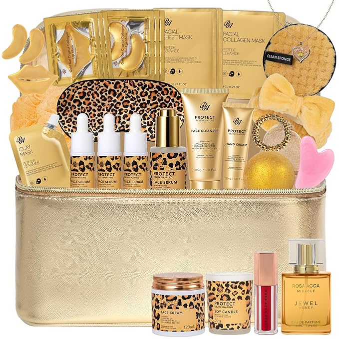 33 Pcs Honey & Almond Skin Care for Women, Spa Bath & Body Gift Set, Face Sheet Mask, Hydrogel Mask, Lip Gloss, Cosmetic Bag, Face Serum, Necklace, Cleanser, Valentine's Day, Anniversary, Birthday