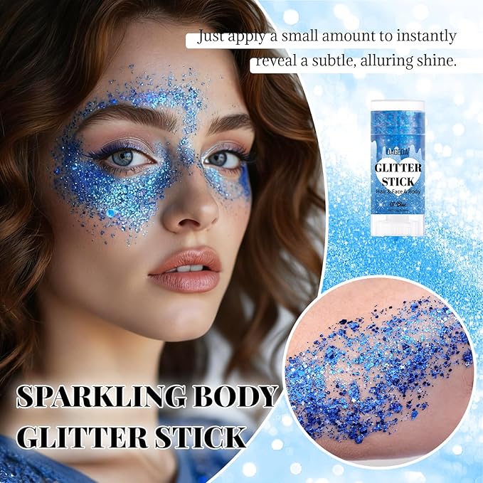 DAGEDA Blue Body Glitter Stick,Sparkly Face Glitter Makeup,Holographic Hair Glitters Mermaid Makeup Rave Outfits for Women, Shimmer Face Paint Stick Singer Concert Accessories