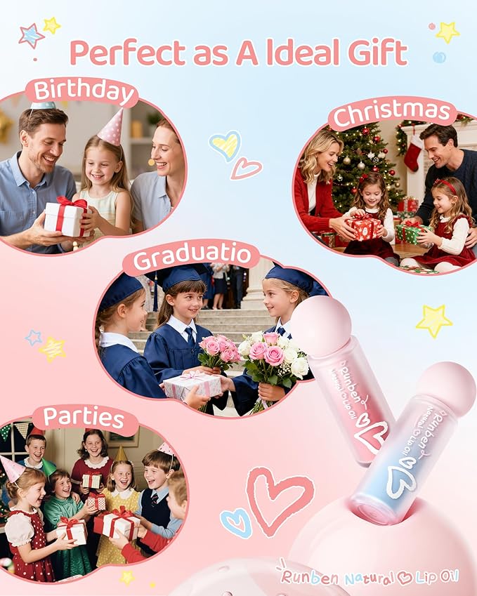 RUNBEN Kids Tinted Lip Oil, 48H Lasting Moisturizing, Glossy Lip Glow Oil, Safe & Non-toxic Makeup for Girls & Teen （Red）