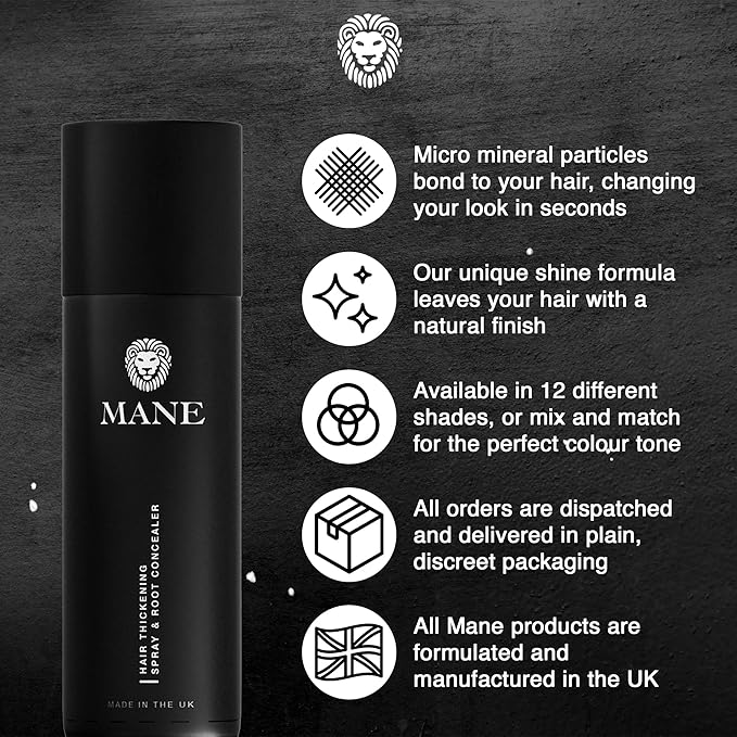 Mane Hair Thickening Spray & Root Touch Up, Instantly Thicker Hair for Men & Women, Fill in Hairlines and Hide Thinning and Fine Patches - Dark Brown, 12 Colors (6.76 oz)