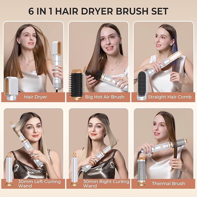 6 in 1 Blow Dryer Brush, Upgrade Hair Dryer Brush Set Negative Ion Air Styler Curling Wrap Air Curler, Hot Air Brush Curling Iron Hair Styling Tools As A Gift for Straight/Curl/Dry/Smooth