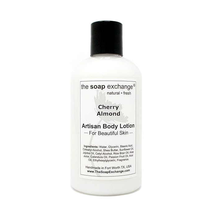 The Soap Exchange Body Lotion - Cherry Almond Scent - Hand Crafted 8 fl oz / 240 ml Natural Artisan Skin Care for Hand, Face, & Body, Moisturize, Hydrate, & Protect. Made in the USA.