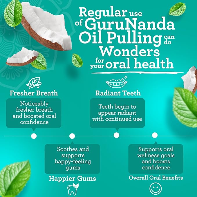 GuruNanda CocoMint Oil Pulling Mouthwash for Complete Oral Hygiene, 7 Essential Oils & Vitamins for Happy Teeth & Gums & Fresh Breath, with 2 Toothbrushes & Tongue Scraper, Alcohol-Free, 6X8 oz