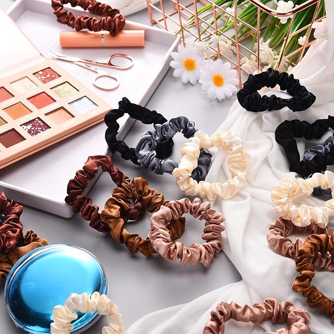 WILLBOND 30 Pcs Small Satin Silk Scrunchies Bulk for Women, Thin Hair Ties Mini Scrunchy Bands Skinny Ponytail Holders for Thick Curly Hair Pony Tails Wrist Decor(Colorful)