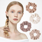 Ivyu Scrunchie, Big Cotton Scrunchies for Women's and Girls, Brown Service, 4 Count, for All Hair Types, No Crease or Damage