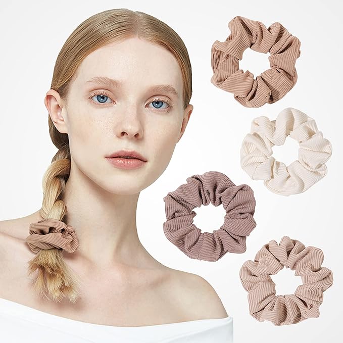 Ivyu Scrunchie, Big Cotton Scrunchies for Women's and Girls, Brown Service, 4 Count, for All Hair Types, No Crease or Damage