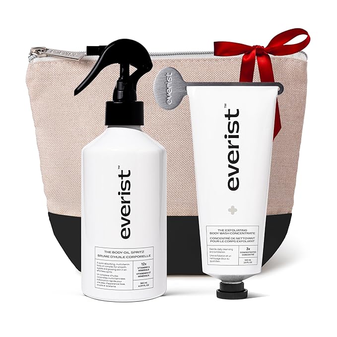 Everist The Silky Skin Ritual Set, 3.4 fl. oz Exfoliating Body Wash Concentrate & 6.09 fl. oz Body Oil Spritz in Jute Travel Bag, Cleansing & Hydrating For All Skin Types