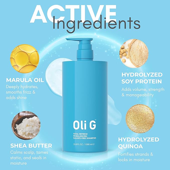 Oli G Total Refresh pH Balancing Shampoo – Lightweight Daily Cleanser for All Hair Types – With Marula Oil, Shea Butter & Quinoa Protein – Hydrating, Anti-Frizz Formula – 33.8 fl oz