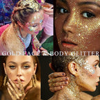 Gold Face Glitter Gel,Mardi Gras Outfits for Women,Music Festival Yellow Body Glitter Singer Concerts Hair Glitter Sequins,Sparkling Carnival Rave Accessories Decorations,50ML