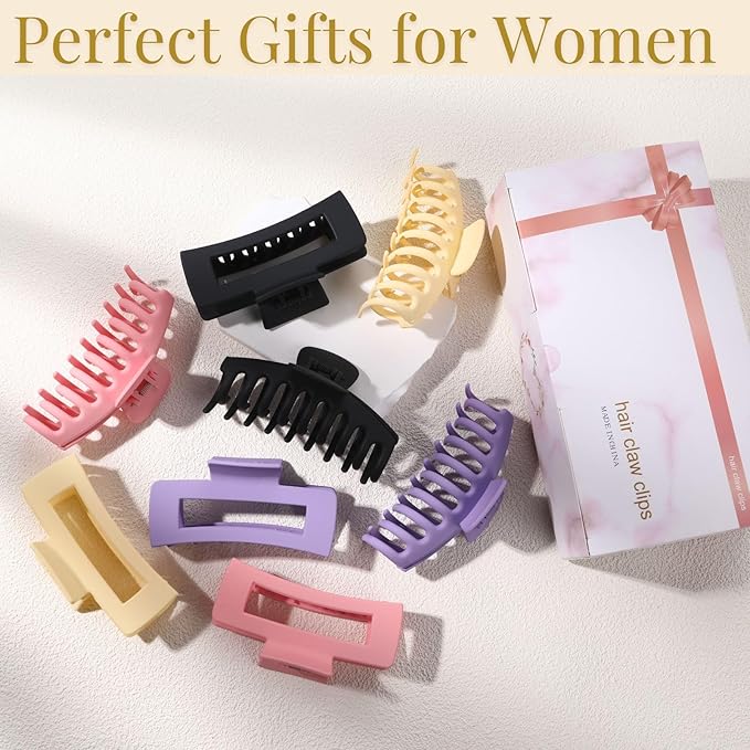 LuSeren 8 Pack Hair Clips for Women 4.3 Inch Large Hair Claw Clips for Women Thin Thick Curly Hair, Big Matte Banana Clips,Strong Hold jaw clips Black Purple Beige Pink