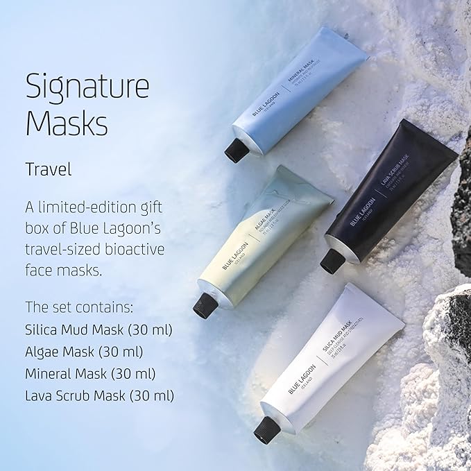 Blue Lagoon Signature Masks Travel Set, Includes Facial Mask Targeting Hydration, Calmness, Exfoliation & Nourishment, Leaving Skin Glowing and Radiant, 4 pack Skincare Gift Set