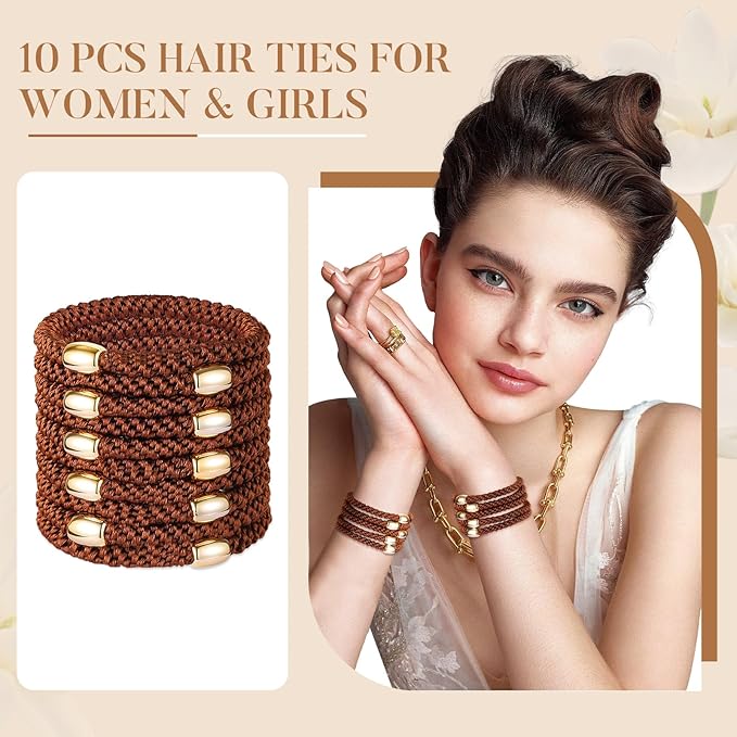 Hair Ties No Damage - 10PCS Ponytail Holders - Elastic Hair Ties for Thick Hair - Braided Hair Bands for Women Girls's Hair - Brown