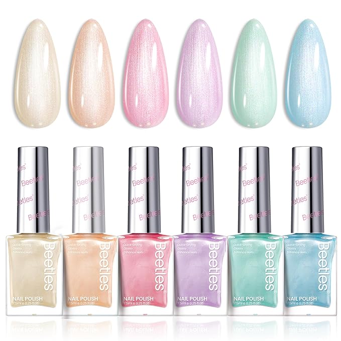 Beetles Nail Polish Set, 6 Colors Pearl Nail Polish Kit Pastel Pearl Shimmer Pink Orange Blue Green Dreamy Swirl Quick Dry Fingernail Polish Gifts for Women Salon DIY Manicure Kit