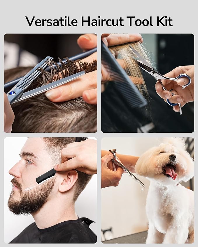 ULG Hair Cutting Scissors Thinning Shears Kit Professional Hairdressing Texturizing Salon Razor Edge Scissor Barber Kit Plus 6.5 inch Silver