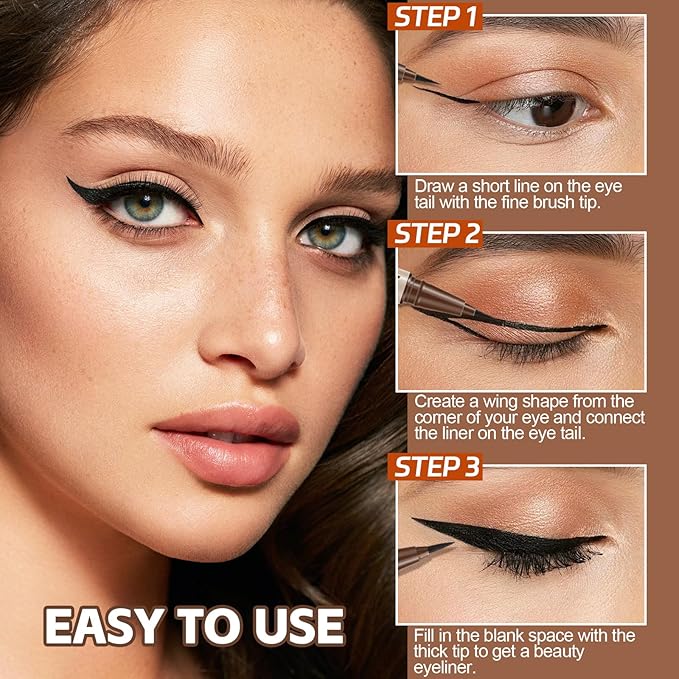 Boobeen 2pcs Liquid Eyeliner，Dual-Ended Eye Liner with Thick Tip and Precise Brush Tip，Waterproof Black Liquid Liner Pen，Matte Finish，All Day Wear，Smudge-proof,Brown