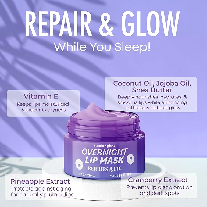 Lip Mask with Berries & Fig – Overnight Lip Repair, Intense Hydration & Smoothing – Dermatologist Tested, Korean Lip Care – Vegan, Clean Beauty, 95% Natural – 1 Pack